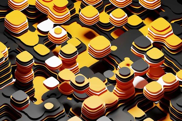 Gold, orange and black geometric blocks in a 3D pattern