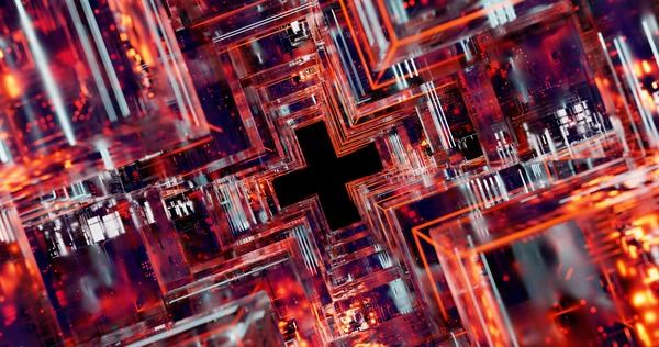 Abstract red and white digital grid with a cross shape