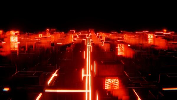 Red neon light lines in a dark digital space