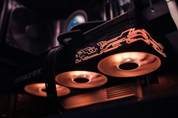 Graphics card with orange backlight used for crypto mining