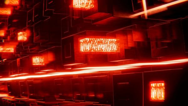 Glowing red digital tunnel with light panels