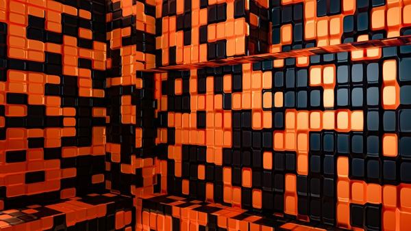 Orange and black geometric blocks forming a digital wall