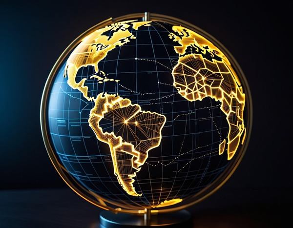 Glowing golden globe with a digital network grid