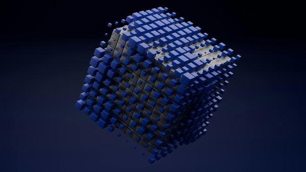 Blue three-dimensional cube made of blockchain blocks