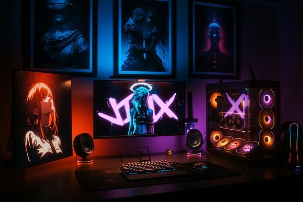 Dark room with neon crypto art and glowing computer setup