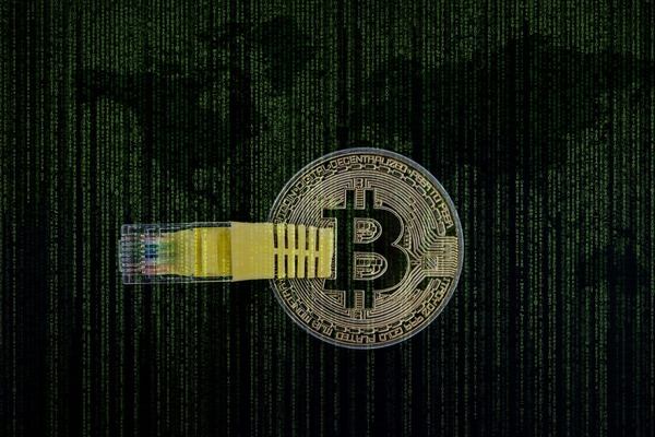 Bitcoin coin connected to a network cable on a dark background