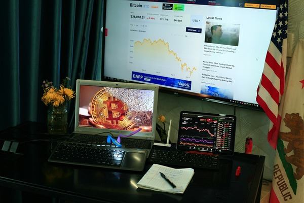 Home office with a crypto chart on a large monitor