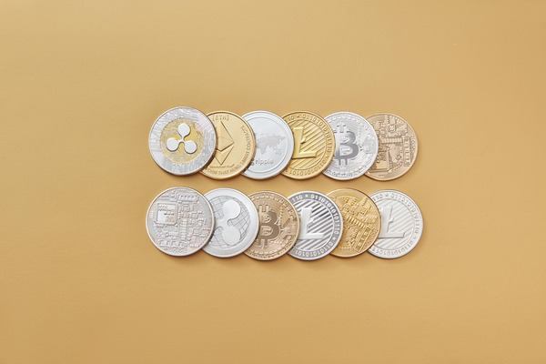 Rows of silver and gold crypto coins on a beige background