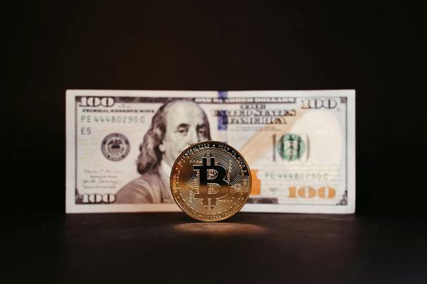 Gold crypto coin in front of a 100 dollar bill