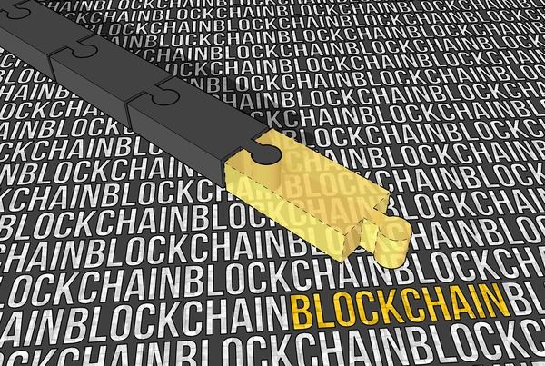 Gold USB security key on a background of repeated blockchain text